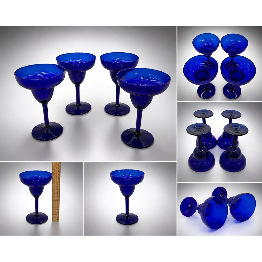 Vintage Libbey Cobalt Blue Margarita Glasses Set of 4 Large Stemmed Goblets